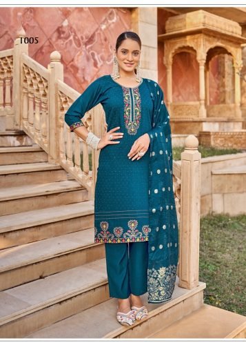 Karissa DN 1005 Designer Vertical Silk 3 Piece Kurti Pant Dupatta Set With Embroidery Sequence And Zarkan Work In Teal Blue Color 