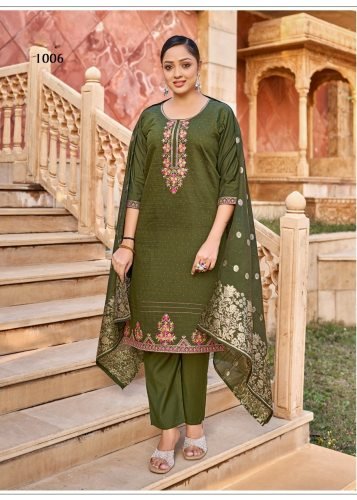 Karissa DN 1006 Designer Vertical Silk 3 Piece Kurti Pant Dupatta Set With Embroidery Sequence And Zarkan Work In Olive Green Color 