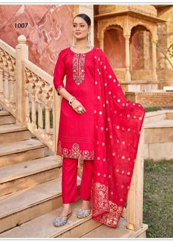 Karissa DN 1007 Designer Vertical Silk 3 Piece Kurti Pant Dupatta Set With Embroidery Sequence And Zarkan Work In Pink Color 