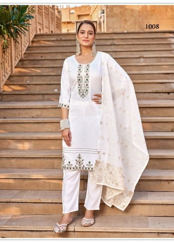 Karissa DN 1008 Designer Vertical Silk 3 Piece Kurti Pant Dupatta Set With Embroidery Sequence And Zarkan Work In White Color 