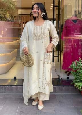 Katari Presenting Women’s Embroidered Straight Kurta Pant With Dupatta In Art Silk Fabric White Color