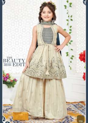 Kids Vol 35 Viscos Malai Silk With Embroidery Work Beige Color DN 770 Size Set