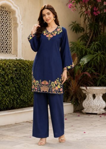  Kitty Function Designer heavy Rayon With Embroidery work Co Ord Set Navy Blue Color