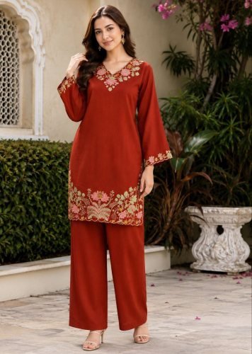  Kitty Function Designer heavy Rayon With Embroidery work Co Ord Set Rust Orange Color