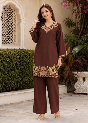  Kitty Function Designer heavy Rayon With Embroidery work Co Ord Set Brown Color