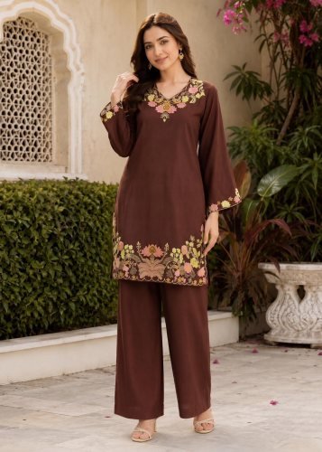 Kitty Function Heavy Embroidered Rayon Cord Set With Matching Palazzo Cord Set Brown Color