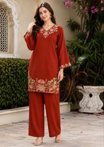 Kitty Function Heavy Embroidered Rayon Cord Set With Matching Palazzo Cord Set Red Color