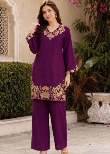 Kitty Function Heavy Embroidered Rayon Cord Set With Matching Palazzo Cord Set Purple Color