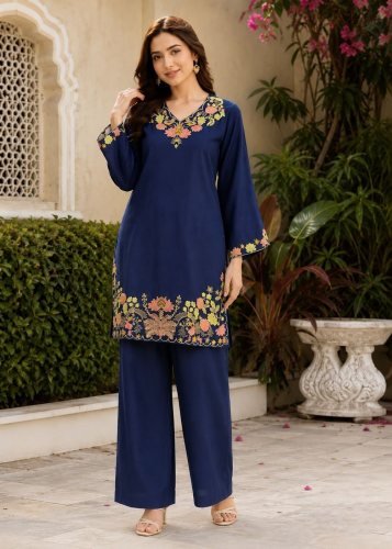 Kitty Function Heavy Embroidered Rayon Cord Set With Matching Palazzo Cord Set Nevy Blue Color