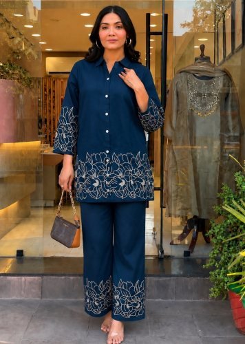 Kitty Function Vol 2 Heavy Embroidered Rayon Cord Set With Matching Palazzo Cord Set Nevy Blue Color