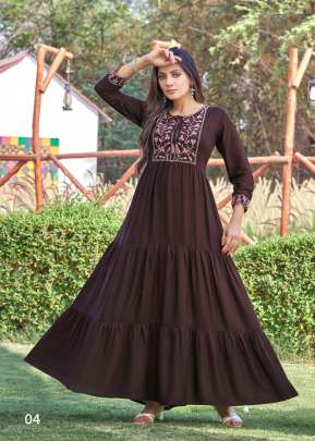 Kora Vol 1 Heavy Rayon Slub With Hand Work Party Wear Anarkali Kurti Brown Color DN 04