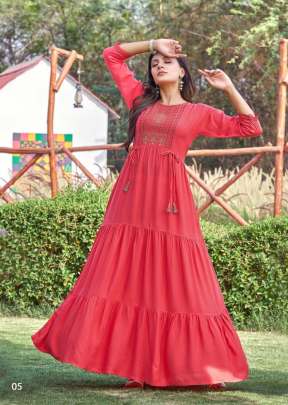 Kora Vol 1 Heavy Rayon Slub With Hand Work Party Wear Anarkali Kurti Red Glow Color DN 05