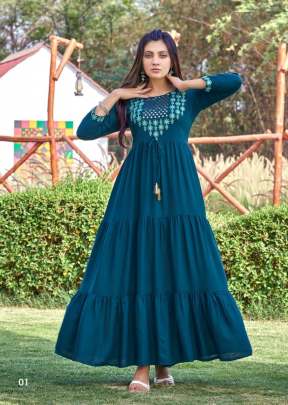 Kora Vol 1 Heavy Rayon Slub With Hand Work Party Wear Anarkali Kurti Teal Color DN 01