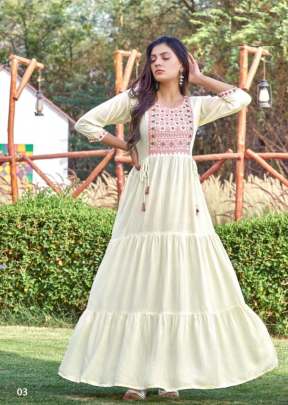 Kora Vol 1 Heavy Rayon Slub With Hand Work Party Wear Anarkali Kurti White Color DN 03