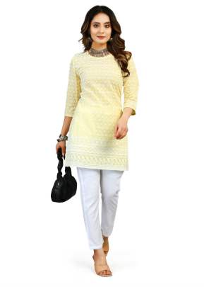 Krishna Vol 1 Cotton With Schiffli Work Designer Kurtis Yellow Color 