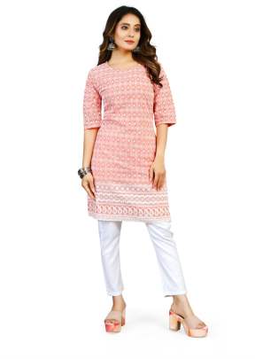 Krishna Vol 1 Cotton With Schiffli Work Designer Kurtis Peach Color 