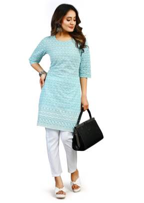 Krishna Vol 1 Cotton With Schiffli Work Designer Kurtis Sky Color 