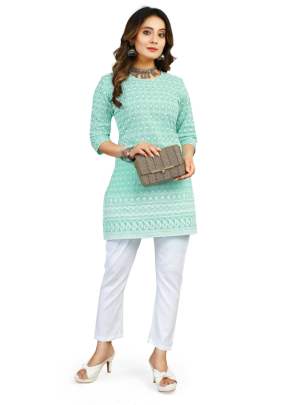 Krishna Vol 1 Cotton With Schiffli Work Designer Kurtis Sky Green Color 