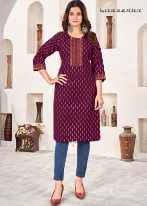 Kunjan Rayon With Gold Khadi Print Lace Work Kurtis