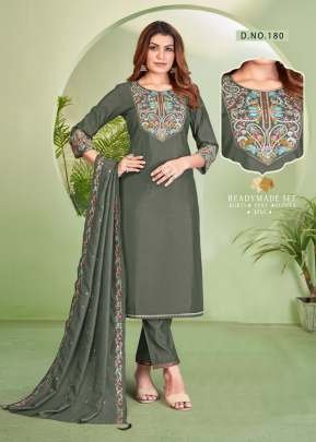 LFH Combo Designer Roman Silk With Embroidery Work 3 Piece Kurti Set Mehndi Color DN 180