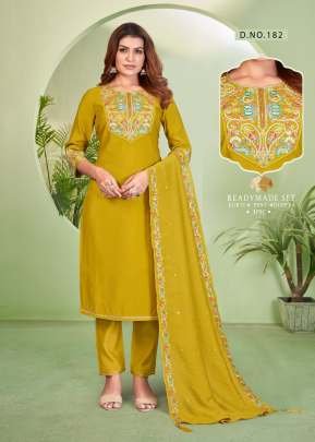 LFH Combo Designer Roman Silk With Embroidery Work 3 Piece Kurti Set Mutard Yellow Color DN 182