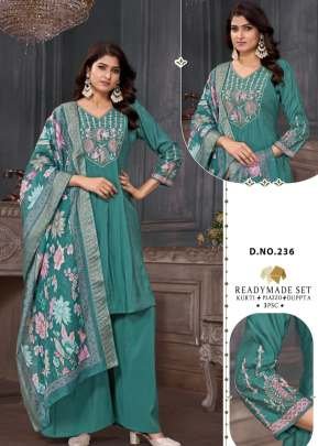 LFH Combo Premium Roman Silk Embroidery And Handwork With Maslin Jacquard Digital Dupatta 3 Piece Kurti Set Teal Green Color DN 236