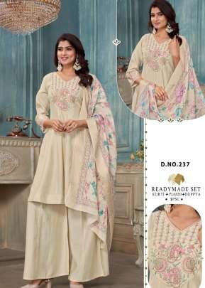 LFH Combo Premium Roman Silk Embroidery And Handwork With Maslin Jacquard Digital Dupatta 3 Piece Kurti Set Beige Color DN 237
