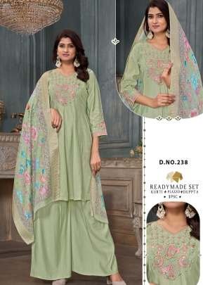 LFH Combo Premium Roman Silk Embroidery And Handwork With Maslin Jacquard Digital Dupatta 3 Piece Kurti Set Mint Green Color DN 238