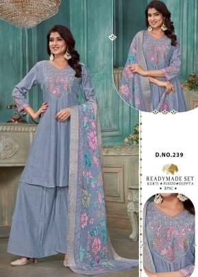 LFH Combo Premium Roman Silk Embroidery And Handwork With Maslin Jacquard Digital Dupatta 3 Piece Kurti Set Dusty Blue Color DN 239