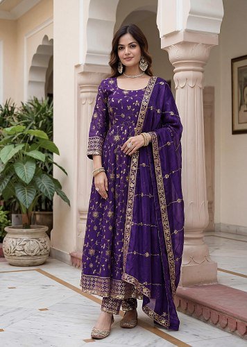 LFH DN 5170 Fandy Silk With Embroidery Sequence Zari Work Anarkali Gown With Bottom Dupatta Purple Color