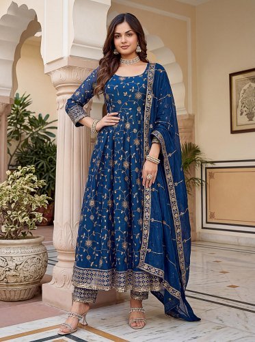 LFH DN 5170 Fandy Silk With Embroidery Sequence Zari Work Anarkali Gown With Bottom Dupatta Nevy Blue Color