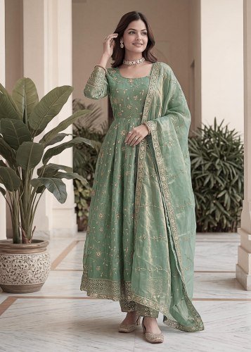 LFH DN 5170 Fandy Silk With Embroidery Sequence Zari Work Anarkali Gown With Bottom Dupatta  