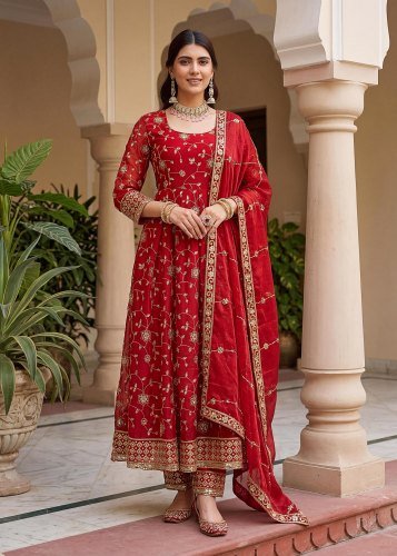 LFH DN 5170 Fandy Silk With Embroidery Sequence Zari Work Anarkali Gown With Bottom Dupatta Red Color