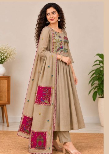 LFH Festival Pro NX Ultra Soft Mul Chanderi Silk With Full hand Work Kurti Bottom Dupatta Beige Color