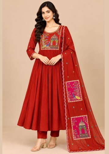 LFH Festival Pro NX Ultra Soft Mul Chanderi Silk With Full hand Work Kurti Bottom Dupatta Rast Orenge Color