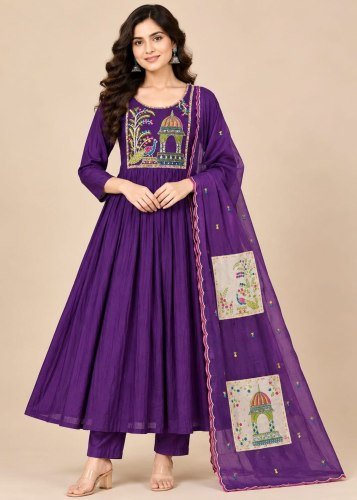 LFH Festival Pro NX Ultra Soft Mul Chanderi Silk With Full hand Work Kurti Bottom Dupatta purple  Color
