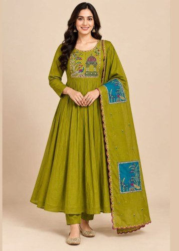 LFH Festival Pro NX Ultra Soft Mul Chanderi Silk With Full hand Work Kurti Bottom Dupatta Light  Mehndi Color