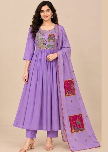 LFH Festival Pro NX Ultra Soft Mul Chanderi Silk With Full hand Work Kurti Bottom Dupatta lavender Color