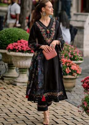 LFH HK Pure Viscose Chanderi With Sequence Embroidery Work 3 Piecs Kurti Set Black Color DN 219