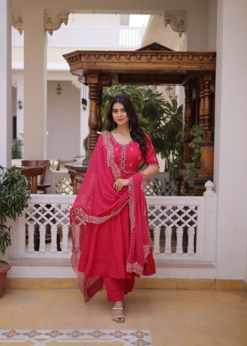 LFH LW DN 9328 Mul Chanderi With Beads Thread Embroidered Work Anarkali Kurti Dark Pink Color