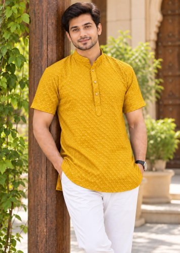  LFH Mens Short Kurta Chikankari Exclusive Premium Men's Short Kurta in Elegant Chikankari Embroidery Work Mustard Yellow