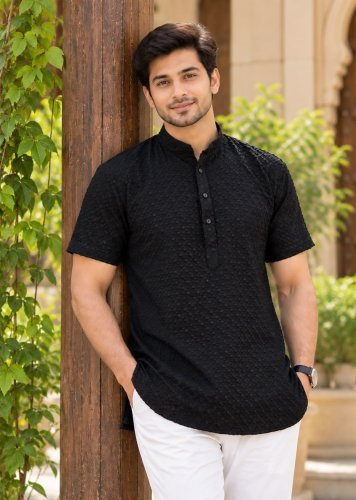  LFH Mens Short Kurta Chikankari Exclusive Premium Men's Short Kurta in Elegant Chikankari Embroidery Work black Color