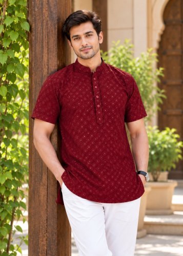  LFH Mens Short Kurta Chikankari Exclusive Premium Men's Short Kurta in Elegant Chikankari Embroidery Work Red Color