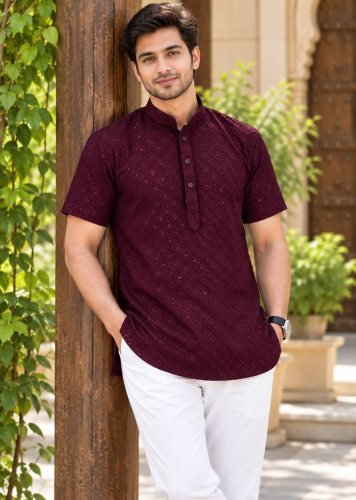  LFH Mens Short Kurta Chikankari Exclusive Premium Men's Short Kurta in Elegant Chikankari Embroidery Work Maroon Color