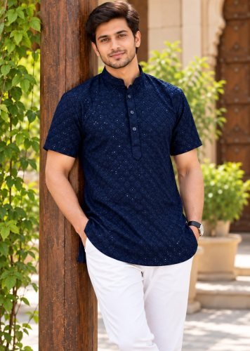  LFH Mens Short Kurta Chikankari Exclusive Premium Men's Short Kurta in Elegant Chikankari Embroidery Work Navy Blue Color