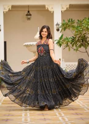 LFH RM Georgette Bandhni Print Navratri Special Gamathi Work With Real Mirror Work Gown Black Color DN 108