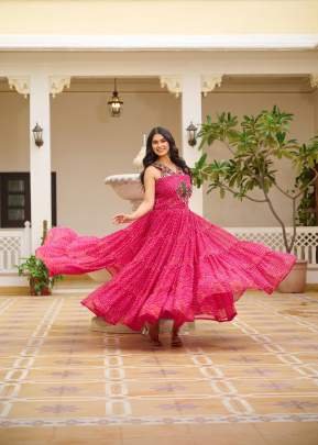 LFH RM Georgette Bandhni Print Navratri Special Gamathi Work With Real Mirror Work Gown Pink Color DN 108