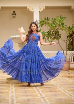 LFH RM Georgette Bandhni Print Navratri Special Gamathi Work With Real Mirror Work Gown Blue Color DN 108