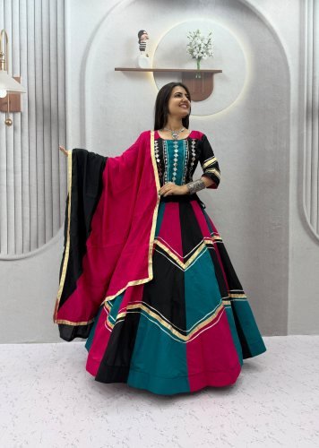 LFH Roman Silk Real Mirror Work Designer Choli With Micro Cotton Navratri Lehenga Choli Teal Blue And Magenta Color DN 345