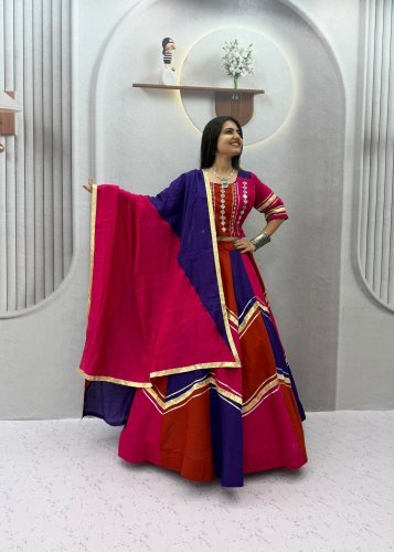 LFH Roman Silk Real Mirror Work Designer Choli With Micro Cotton Navratri Lehenga Choli Rust Orange And Purple Color DN 345